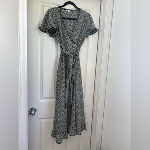 Max Studio Black and White Floral Wrap Maxi with Tie Waist